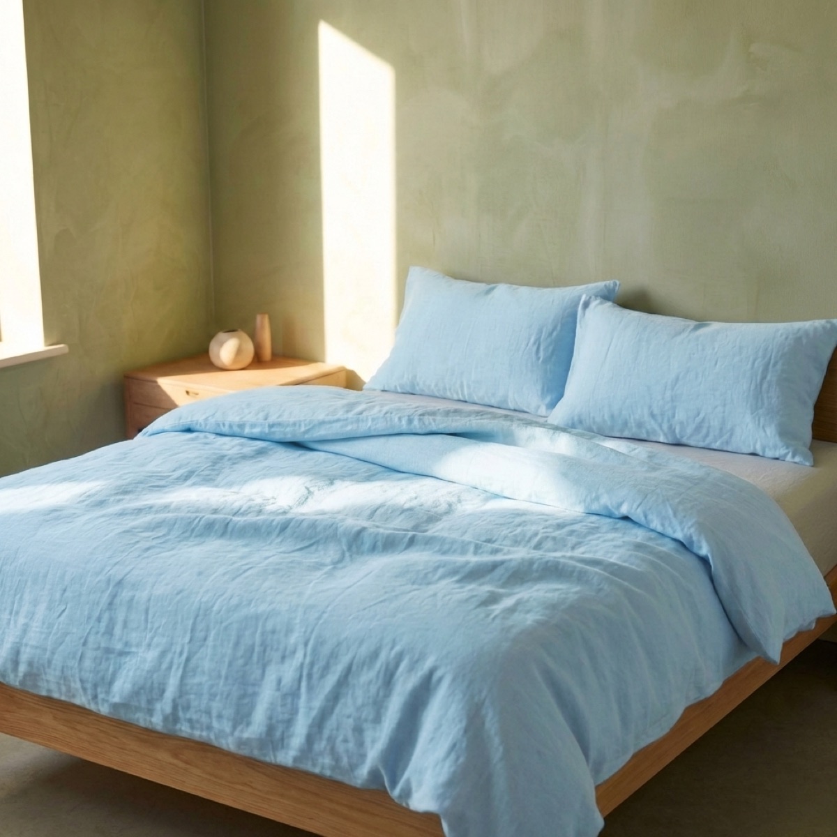 Linen Duvet Set in a muted blue bed setting