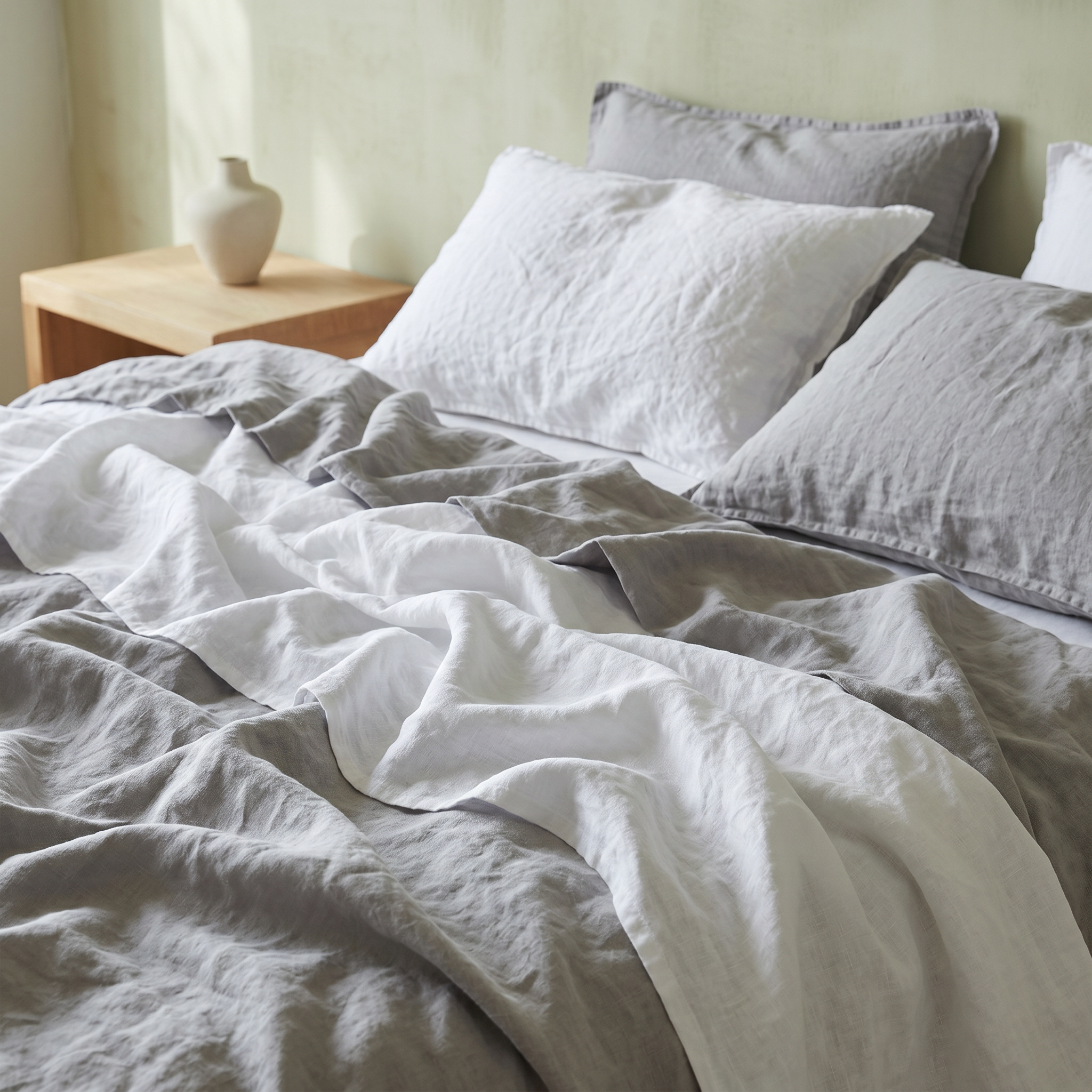 Close-up of the Lys Studio linen duvet set texture